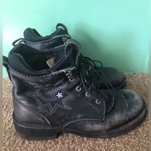 Ariat Boots Womens 8.5 Lace Up Round Toe Purple Black Chunky Work Cowgirl *as Is